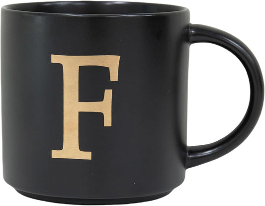 COLLECTIVE HOME - Monogram Ceramic Mugs, 15 oz Golden Initial Black Coffee Cups, Elegant Alphabet Tea Mugs, Elegant Personalized Mug with Gift Box, Unique Mug with Double Side Capital Lette (F)
