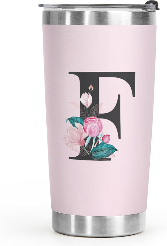 Shqiueos Initial Monogrammed Gifts for Women, 20 Oz Insulated Tumbler With Lid, Stainless Steel Vacuum Pink Cup, Personalized Christmas, Wedding, Birthday Gifts for Her Friends Mom Sister