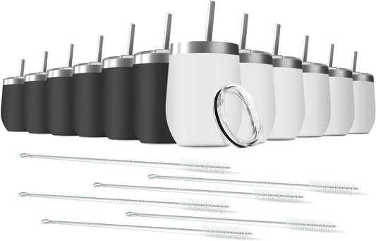 12oz Wine Tumbler with Lid With straw Stainless Steel Wine Tumbler Cups Double Wall Vacuum Insulated Travel Mugs Stemless Cup 12 Pack