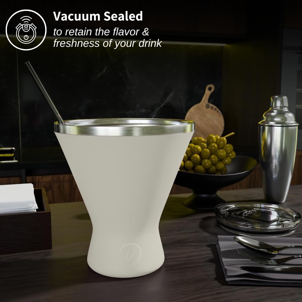 Stainless Steel Martini Glass [Pack of 1] – 10oz, Cream, Powder Coated, No Sweat, Double Wall Margarita Cup with Lid | Ideal for Mother's Day Gift
