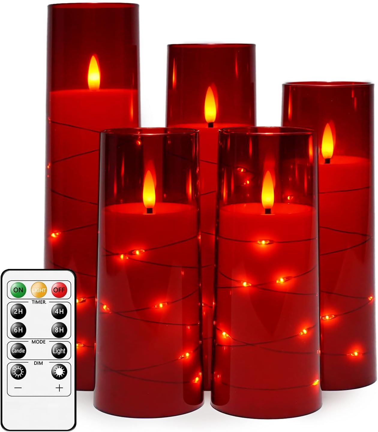 Flameless LED Candles with Timer 5 Pc Flickering Flameless Candles for Romantic Ambiance and Home Decoration Stable Acrylic Shell,with Embedded Star String，Battery Operated Candles（Red）