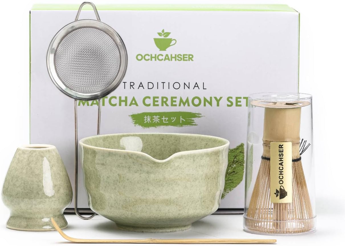 Matcha Set, Japanese Tea Set Includes Matcha Bowl with Spout, Matcha Whisk Holder, Bamboo Matcha Whisk and Bamboo Scoop, 17 oz Mottled Tea Green Glaze Ceramic Matcha Kit for Tea Lovers