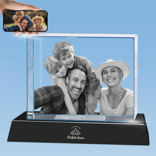 HAN'S LASER 3D Crystal Photo with Light Base, Custom Glass Picture Cube with Your Own Photo for Mom Dad Her Him, Personalized Memorable Gifts for Anniversary Christmas, X-Large Landscape