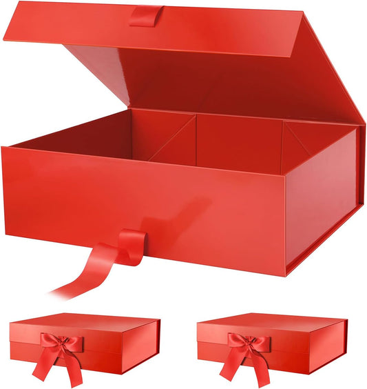 PACKHOME 17x14.5x5.5 Inches, 3 Extra Large Gift Boxes with Lids, Magnetic Closure Boxes with Ribbon for Clothes and Large Gifts (Glossy Red)