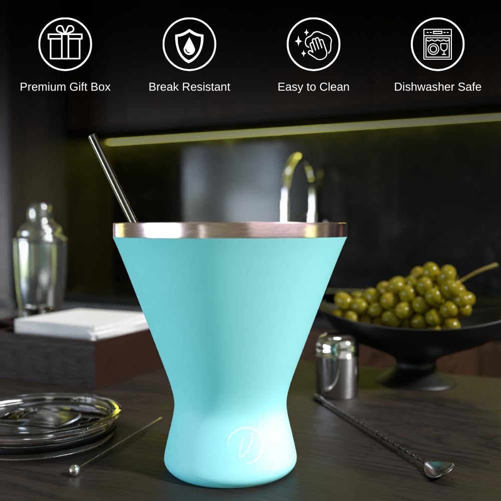 Stainless Steel Martini Glass [Pack of 1] – 10oz, Blue, Powder Coated, No Sweat, Double Wall Margarita Cup with Lid | Ideal for Mother's Day Gift