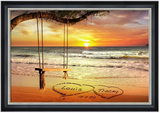 IPIC - "Eternal Love Personalized Canvas Wall Art, Custom Beach Sunset Scene with Solid Wood Frame, A Personalized Gift with Name and Date for Couple, Wedding, or Anniversary