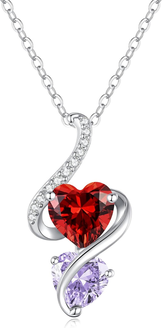 LOUISA SECRET Unique Double Heart Necklace Gifts for Wife Women, 925 Sterling Silver Tiny Birthstone Pendant Jewelry Gift for Her Girlfriend Mom Valentine's Day Anniversary Mother's Day Birthdays & Christmas