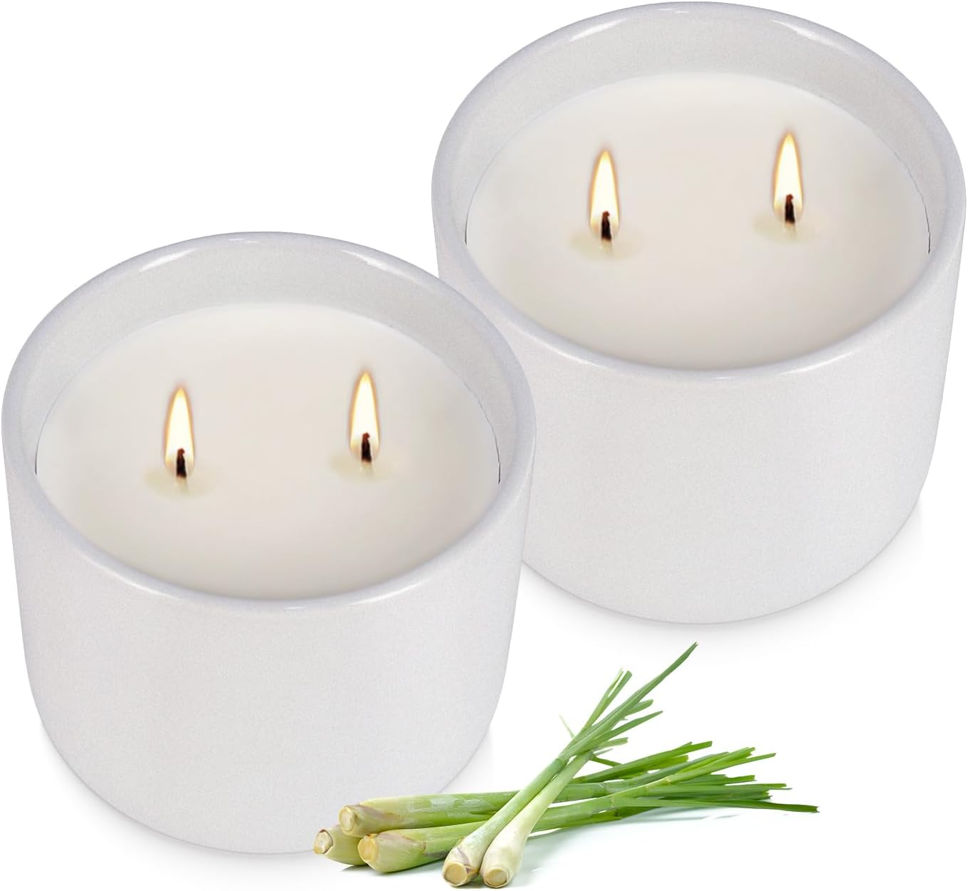 2-Pack Large Citronella Scented Candles - White Ceramic Double-Wick, Natural Soy Wax, Decorative Geometric Jar for Patio, Garden & Outdoor Decor