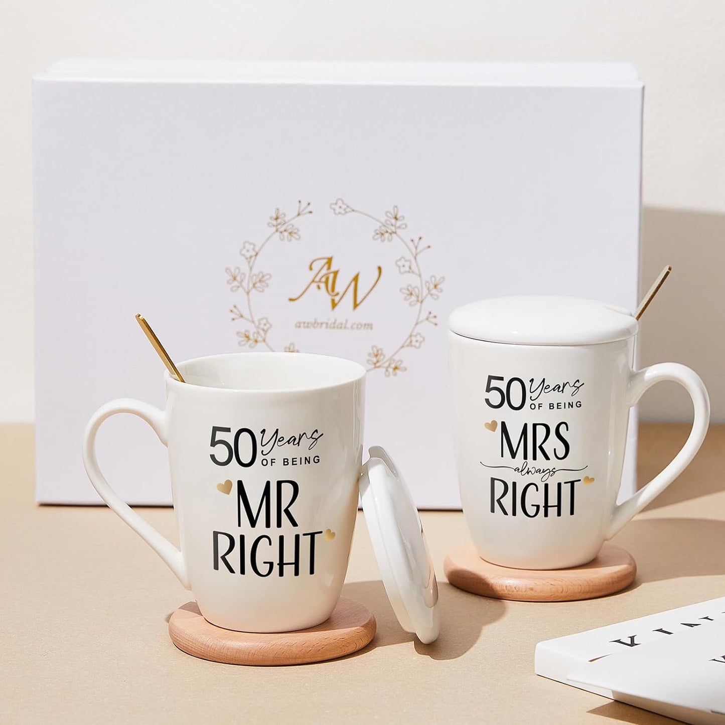 AW BRIDAL 50th Anniversary Mr and Mrs Gifts Coffee Mug Set of 2, 12 OZ Ceramic His and Hers Gifts for Couple, Wife and Husband, Mom and Dad, Grandparents