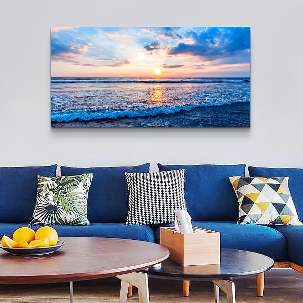 Wapluam Canvas Wall Art For Living Room Large Wall Decor Office Bedroom Home Decorations Blue Beach Ocean Sea Waves Landscape Wall Painting Posters Prints Pictures Wall Mural Artwork 24 X 48 in