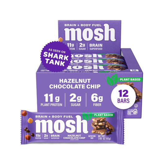 MOSH Hazelnut Chocolate Chip Vegan Protein Bars, Plant Based, Keto, Gluten Free, Brain Healthy Snack with Cognizin, Ashwagandha and Lion's Mane, 12 Count