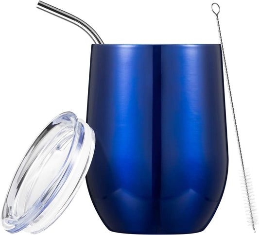 COMOOO 12oz Stainless Steel Wine Tumbler with Lid and Straw, Double Wall Vacuum Insulated Wine Tumbler Cup, Stemless Wine Tumbler for Coffee, Wine, Cocktails, Ice Cream, Royal blue