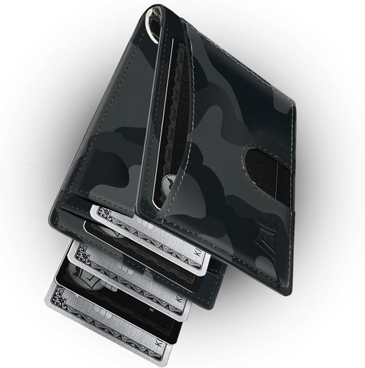 Kings Loot Money Clip Slim Minimalist Wallet for Men | RFID Blocking Leather Design with Money Clip | Front Pocket Bifold Holds 12 Cards | Stylish & Compact Wallets (Camo Black)