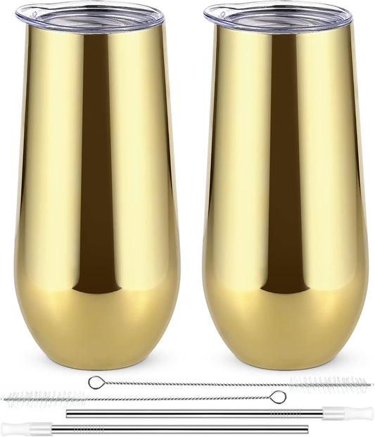 Lifecapido 2 Pack Insulated Stainless Steel Tumblers, 12 oz Stemless Flutes, Insulated Champagne Glass for Party Wedding Christmas Birthday, Gold Plating