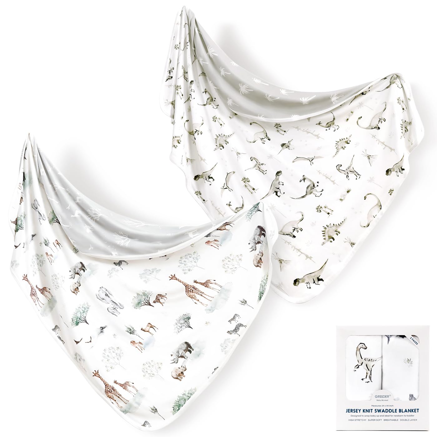GRSSDER Baby Blankets Super Soft Stretchy Jersey Swaddle Blanket 2 Pack for Girls and Boys, Double Layer Reversible Receiving Blankets 34 x 44, Extra Large for Swaddling, Dinosaurs