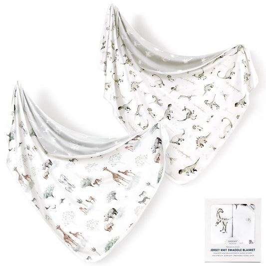 GRSSDER Baby Blankets Super Soft Stretchy Jersey Swaddle Blanket 2 Pack for Girls and Boys, Double Layer Reversible Receiving Blankets 34 x 44, Extra Large for Swaddling, Dinosaurs