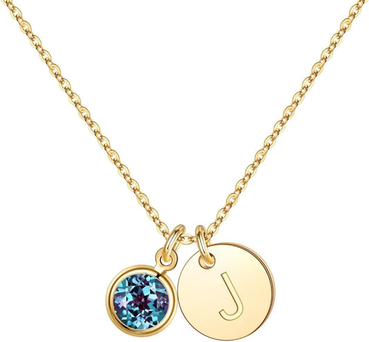 Hidepoo Initial Birthstone Necklace for Girl Women - 14K Gold Plated Disc Letter Necklace Personalized Gifts Jewelry Birthstone Initial Necklaces Birthday Gift for Female Teens Mom
