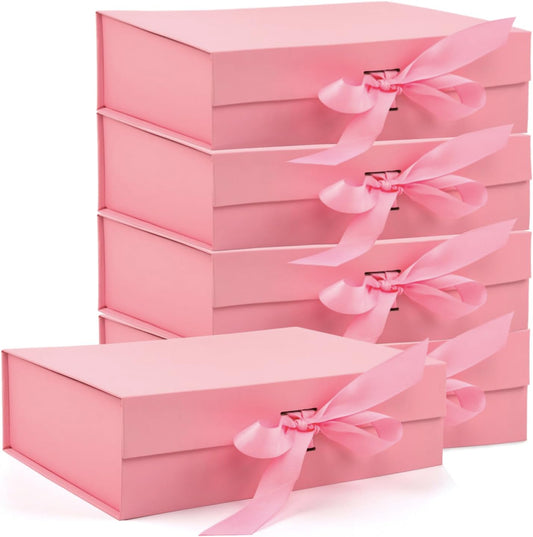 Large Gift Box, 5-Pack Magnetic Lid Gift Box Ribbon Closure Bo Elegant Gift Packaging Luxury Gift Box Decorative Gift Box,10.5x7.5x3.1" - Multi-Occasion Packaging Boxes (Pink)