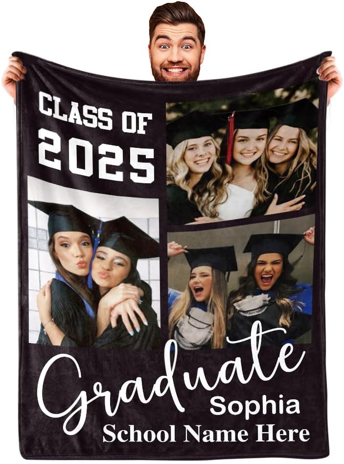 DayOfShe Custom Graduation Blankets with Photo 2025 Graduation Gifts for Her Personalized High School College Students Class of 2025 Gifts