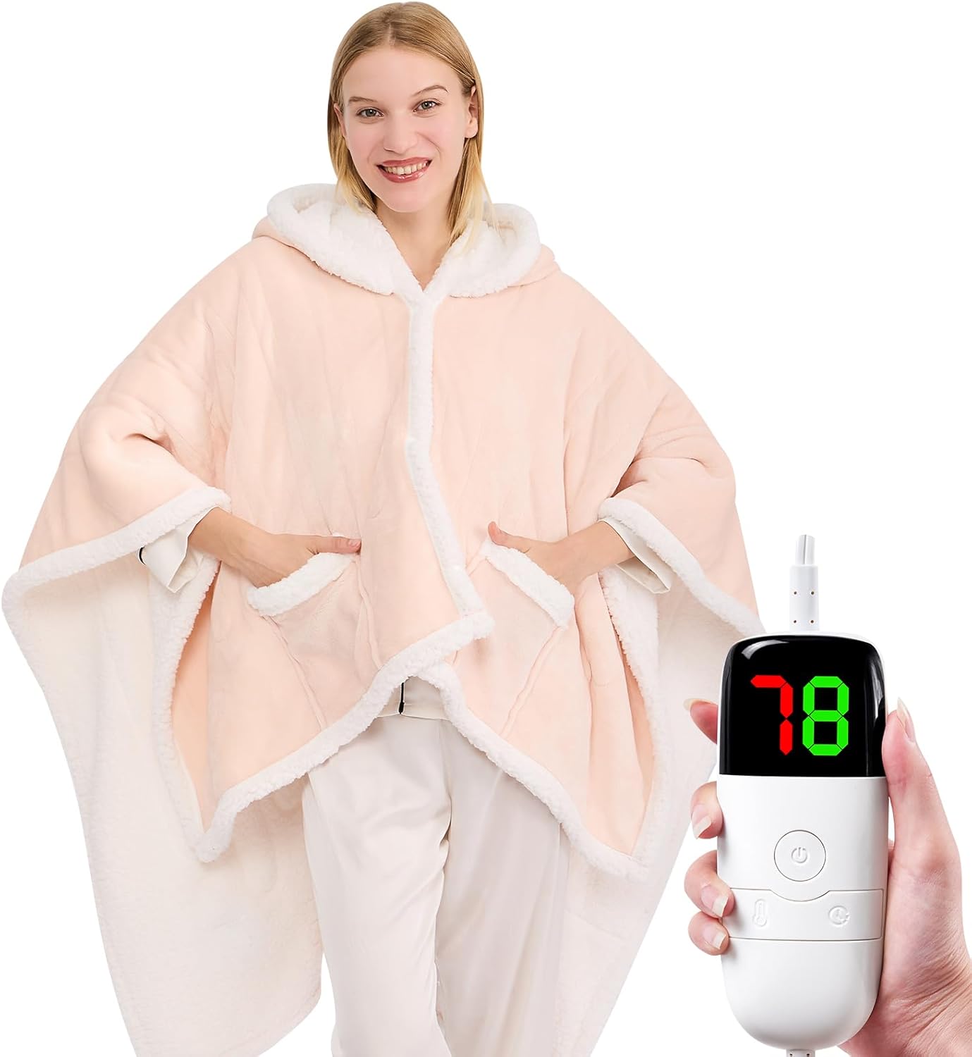 greenoak Wearable Heated Throw Blanket Electric Shawl - Heated Robe Poncho Blanket Hoodie for Adult, Winter Gifts for Mom Women Girlfriend Grandma, Warm Sherpa with Pockets, 5-Position Timer,Pink