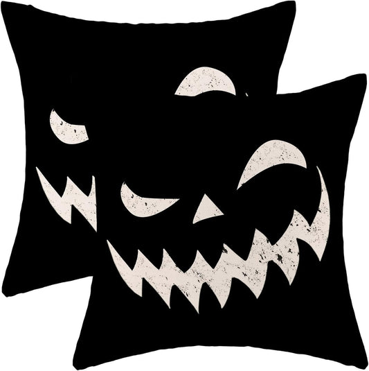 Halloween Pillow Covers 18x18 inches Set of 2 Spooky Black Decorative Throw Pillow Covers Outdoor Autumn Halloween Decoration Pillowcase Farmhouse Decorative Linen Cushion Case for Sofa Couch