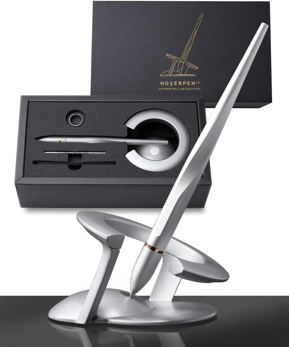 novium Hoverpen Interstellar - Luxury Pen Made With Aerospace Alloys, Unique Aesthetic, Free Spinning Executive Pen, Desk Decor (Starlight Silver, 18K-Gold)