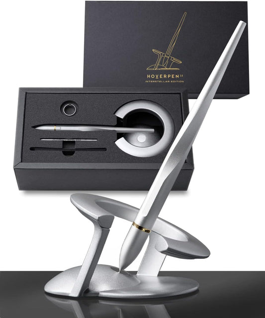 novium Hoverpen Interstellar - Luxury Pen Made With Aerospace Alloys, Unique Aesthetic, Free Spinning Executive Pen, Desk Decor (Starlight Silver, 18K-Gold)
