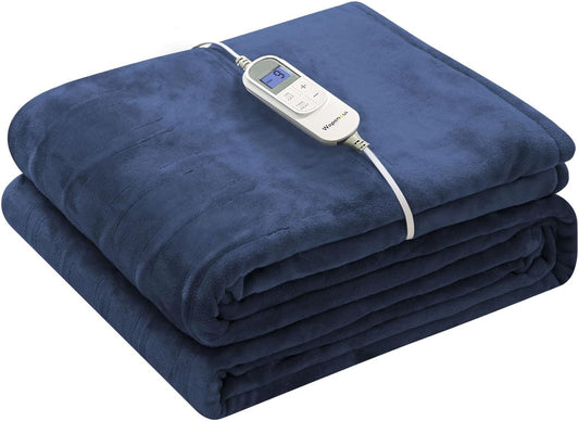Wapaneus Foot Pocket Heated Blanket Electric Throw with 10 Heating Levels and 4 Timer Settings 4 Hours Auto Shut Off, Flannel Fast-Heating Heated Throw 50" x 60", Machine Washable, Dark Blue