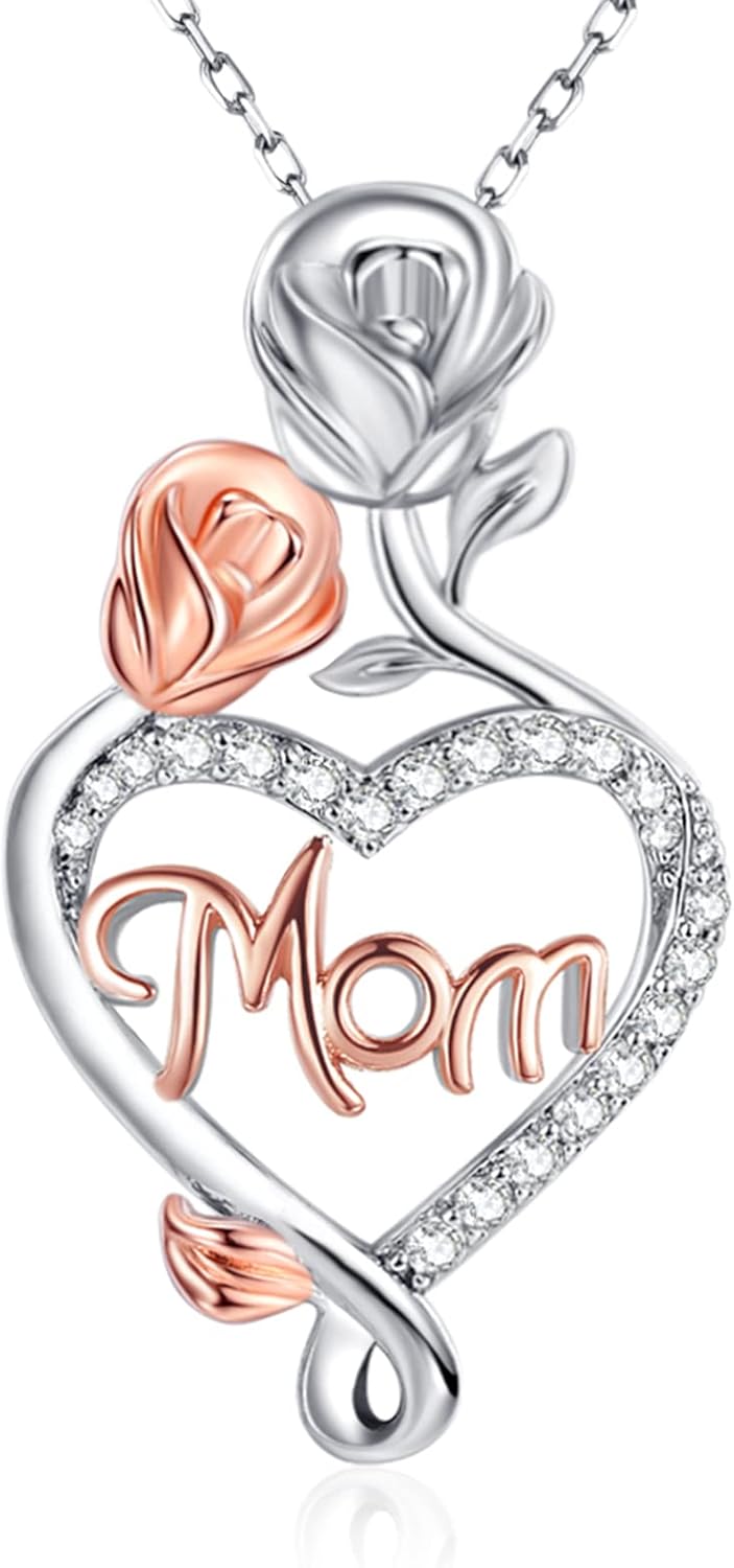 Desimtion Gifts for Mom, Heart Rose Necklaces for Mom, Birthday Jewelry Gifts for Women Her Girlfriend Wife
