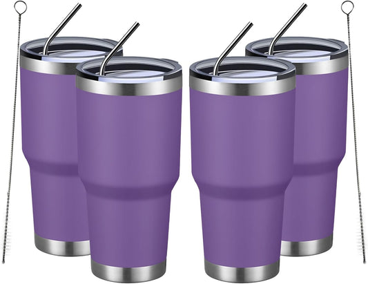 MEWAY 30oz Insulated Tumbler With Lids and Straws,Stainless Steel Double Vacuum Coffee Tumbler Cup, Brush, Durable Powder Coated Coffee Cup for Cold & Hot Drinks, Office, Travel(Purple,4 PACK)
