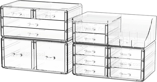 Cq acrylic Make Up Organizers for Vanity With 14 Drawers, 4 Pack Clear Drawer Organizers,Plastic Cute Desk Accessories Organization and Bathroom Organizers Storage Case Box Cube for Beauty,Skin Care