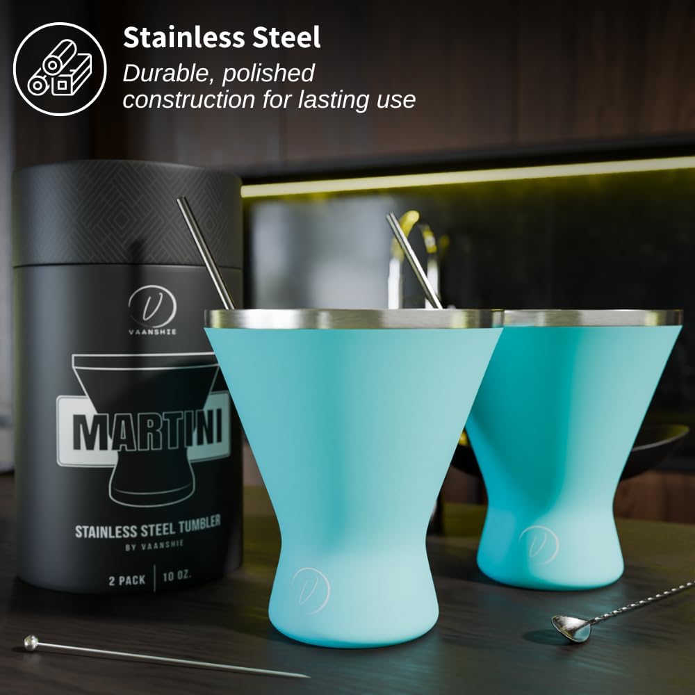 Stainless Steel Martini Glass [Pack of 2] – 10oz, Blue, Powder Coated, No Sweat, Double Wall Margarita Tumbler for Cocktails and Cold Drinks | Ideal for Mother's Day Gift