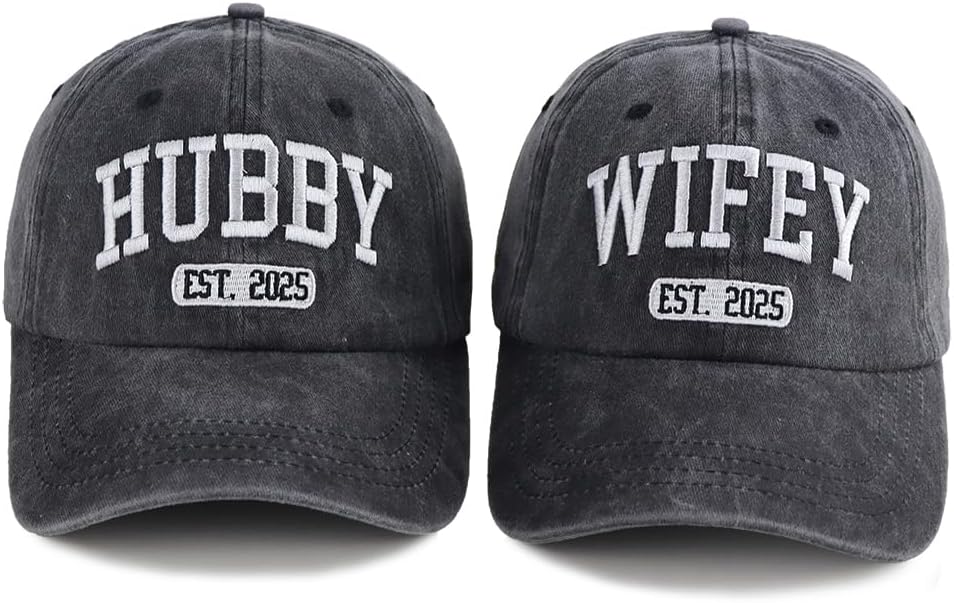 OASCUVER 2PCS Est 2025 Hubby and Wifey Hats Set for Bridal Shower Gifts, Adjustable Embroidered Men Women Baseball Caps