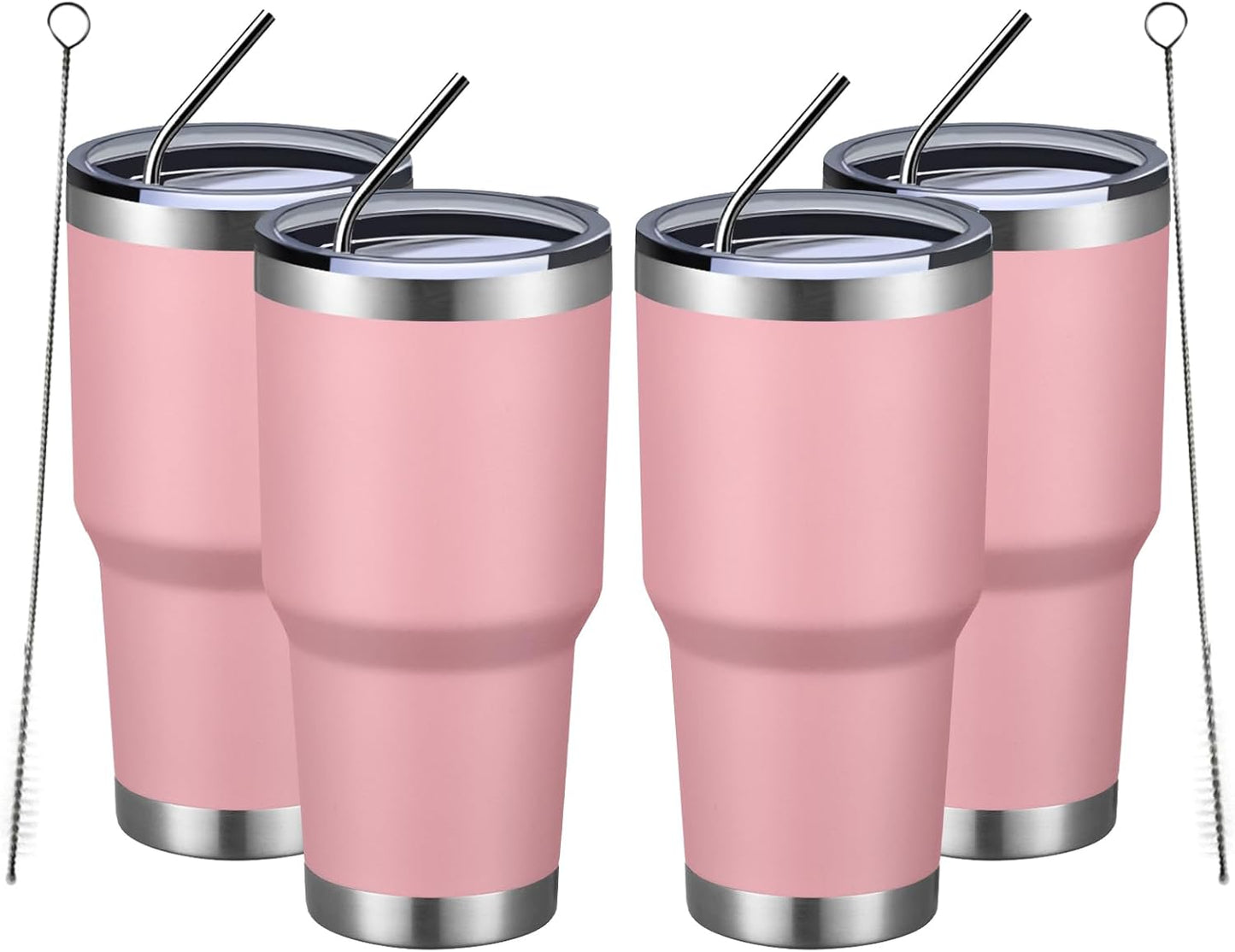 MEWAY 30oz Insulated Tumbler With Lids and Straws,Stainless Steel Double Vacuum Coffee Tumbler Cup, Brush, Durable Powder Coated Coffee Cup for Cold & Hot Drinks, Office, Travel(Pink,4 PACK)