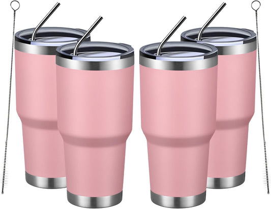 MEWAY 30oz Insulated Tumbler With Lids and Straws,Stainless Steel Double Vacuum Coffee Tumbler Cup, Brush, Durable Powder Coated Coffee Cup for Cold & Hot Drinks, Office, Travel(Pink,4 PACK)
