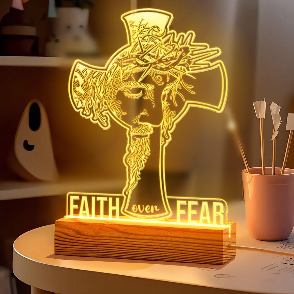 Faith Over Fear LED Night Lamp - USB Powered Lamp with Jesus and Cross Design - Wooden Base - Mom Birthday Gifts - Inspirational Christian Gift for Home Decor and Encouragement