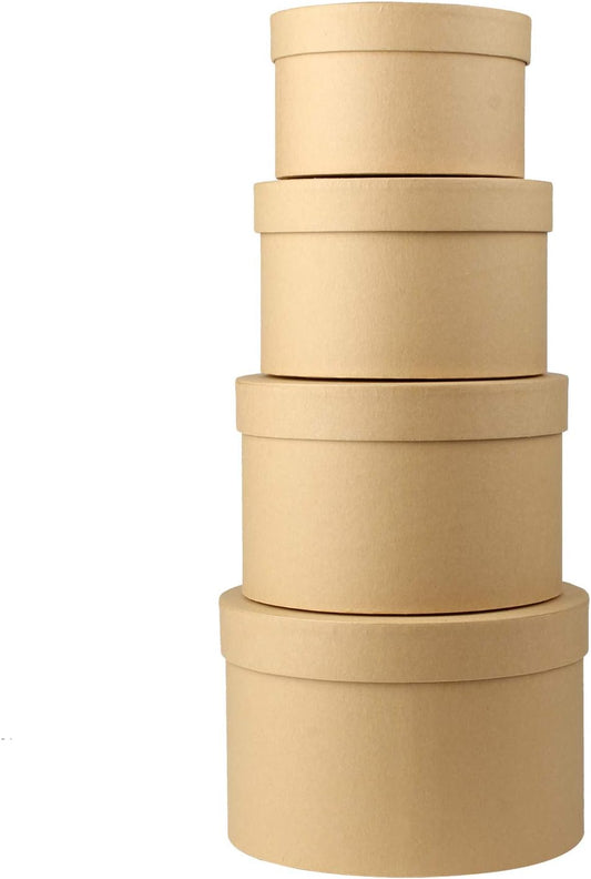 Round Gift Boxes with Lids Set of 4 Brown Gift Box Assorted Sizes Nesting Gift Boxes for Presents Birthday Bridesmaid Wedding Valentines Christmas Party Favor Boxes