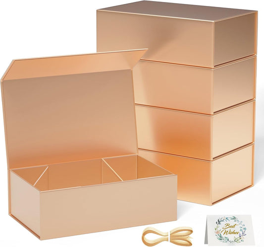 5 Pack Rose Gold Gift Box, 9.5x6x3'' Gift boxes for Presents with Lids Magnetic Closure Rectangle Collapsible for Bridesmaid proposal box, Wedding, Christmas, Halloween, Birthday Gift Packging