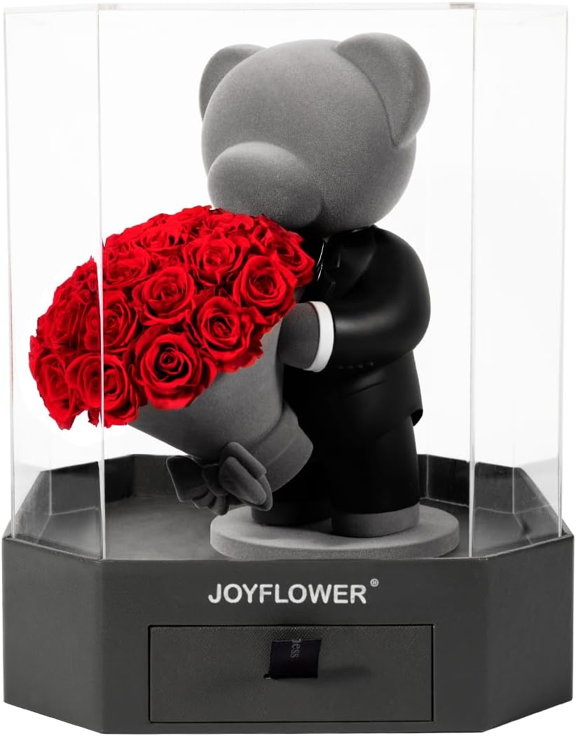 JoyFlower Preserved Flowers with Cute Teddy Bear, Eternal Real Roses Romantic Gift with Acrylic Cover Rose Bear for Girlfriend Wife Her in Valentine's Day, Birthday, Weddings, Anniversaries, Christmas