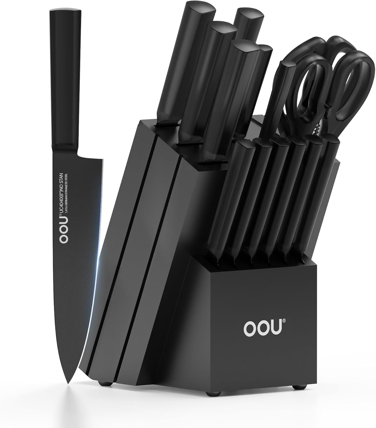 OOU Kitchen Knife Block Set - 15 Pieces High Carbon Stainless Steel Knife Block Set with Built-in Sharpening Blocks, Black