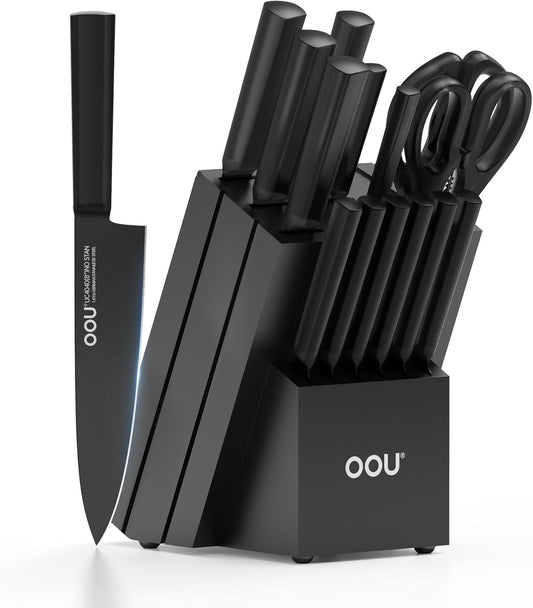 OOU Kitchen Knife Block Set - 15 Pieces High Carbon Stainless Steel Knife Block Set with Built-in Sharpening Blocks, Black
