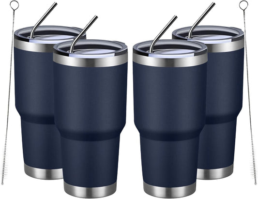 MEWAY 30oz Insulated Tumbler With Lids and Straws,Stainless Steel Double Vacuum Coffee Tumbler Cup, Brush, Durable Powder Coated Coffee Cup for Cold & Hot Drinks, Office, Travel(Navy,4 PACK)