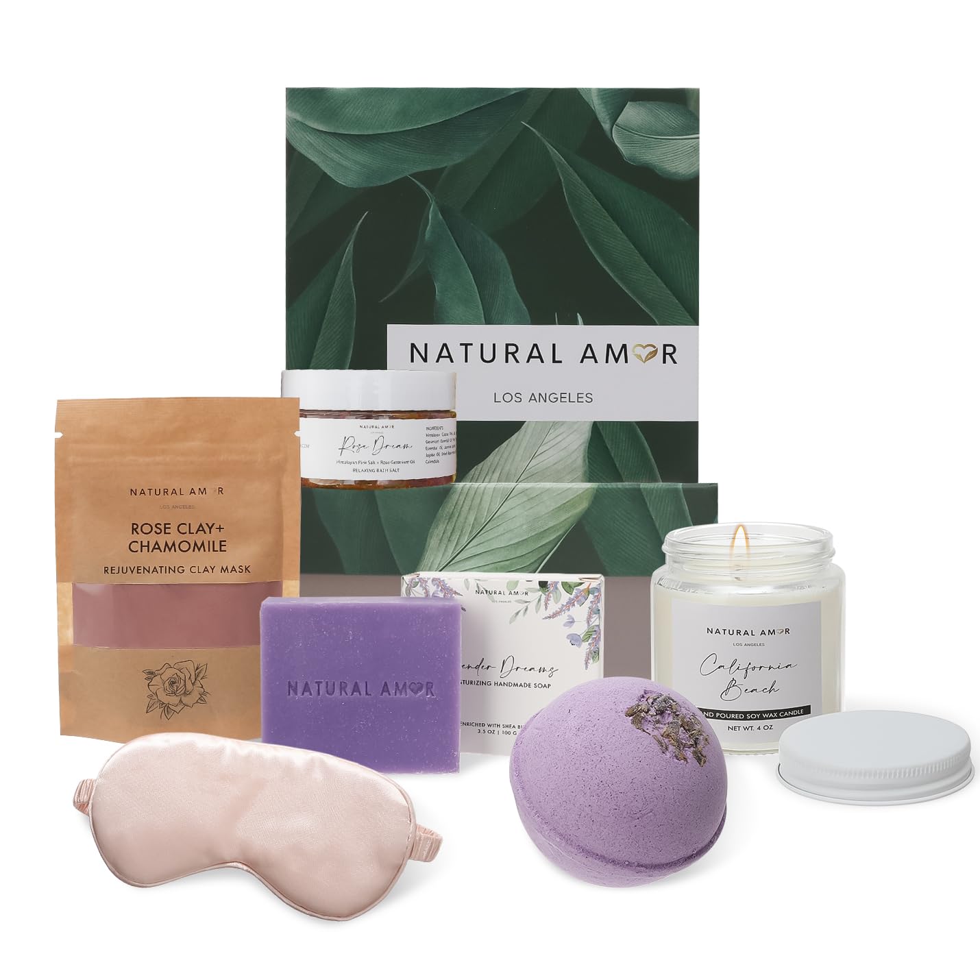 Natural Amor Handmade Bath Body Gift Set,6 pcs Self Care Gift for Women,Includes Soap Bar, Bath Bomb, Clay Mask, Candle- Thank you Gift for Pampering