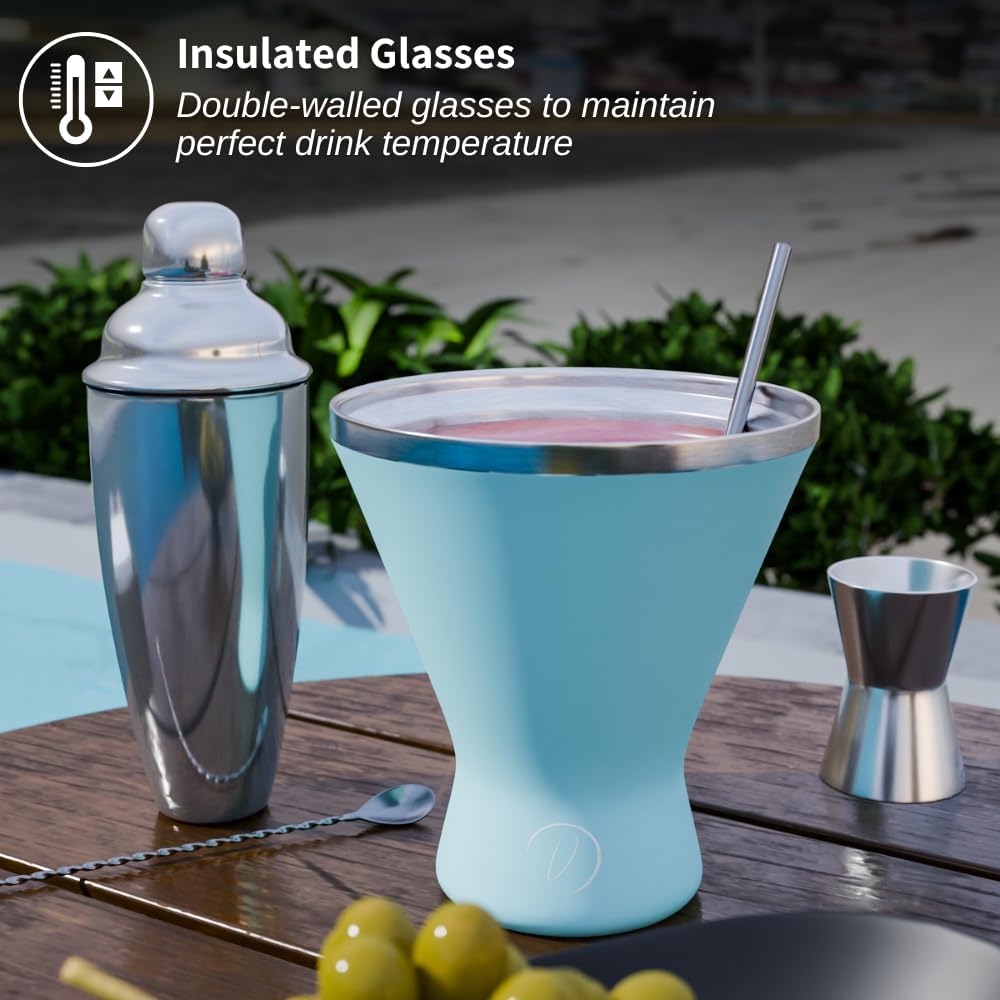 Stainless Steel Martini Glass [Pack of 1] – 10oz, Blue, Powder Coated, No Sweat, Double Wall Margarita Cup with Lid | Ideal for Mother's Day Gift