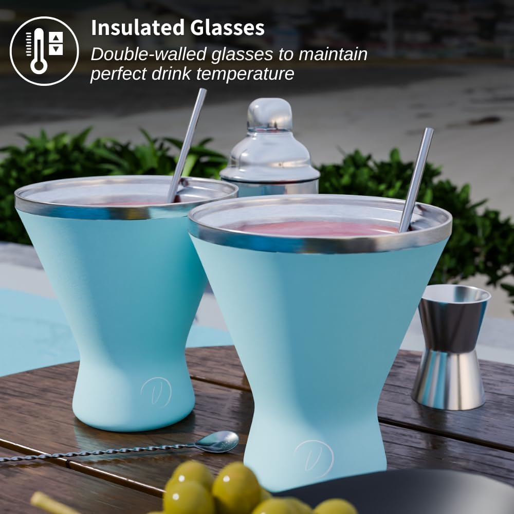 Stainless Steel Martini Glass [Pack of 2] – 10oz, Blue, Powder Coated, No Sweat, Double Wall Margarita Tumbler for Cocktails and Cold Drinks | Ideal for Mother's Day Gift