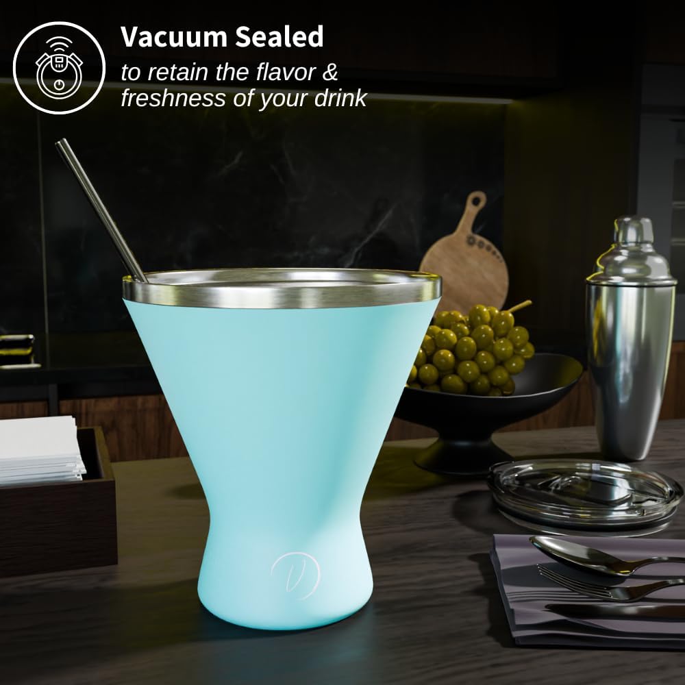Stainless Steel Martini Glass [Pack of 1] – 10oz, Blue, Powder Coated, No Sweat, Double Wall Margarita Cup with Lid | Ideal for Mother's Day Gift