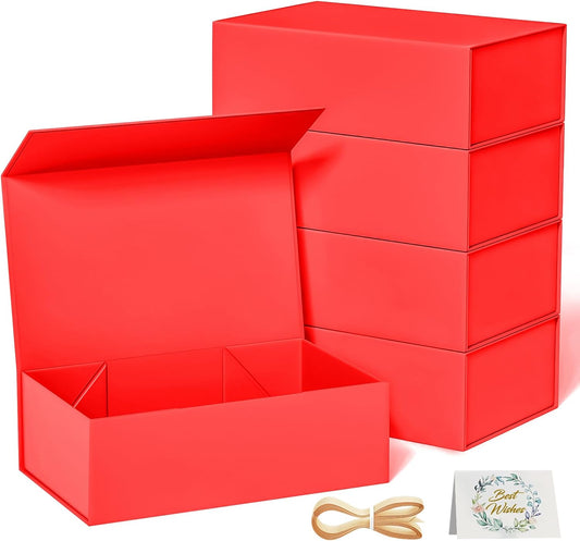 5 Pack Red Gift Box, 12x6x4'' Gift box for Presents with Lids Magnetic Closure Rectangle Collapsible for Bridesmaid Proposal Box, Wedding, Christmas, Halloween, Birthday Gift Packging