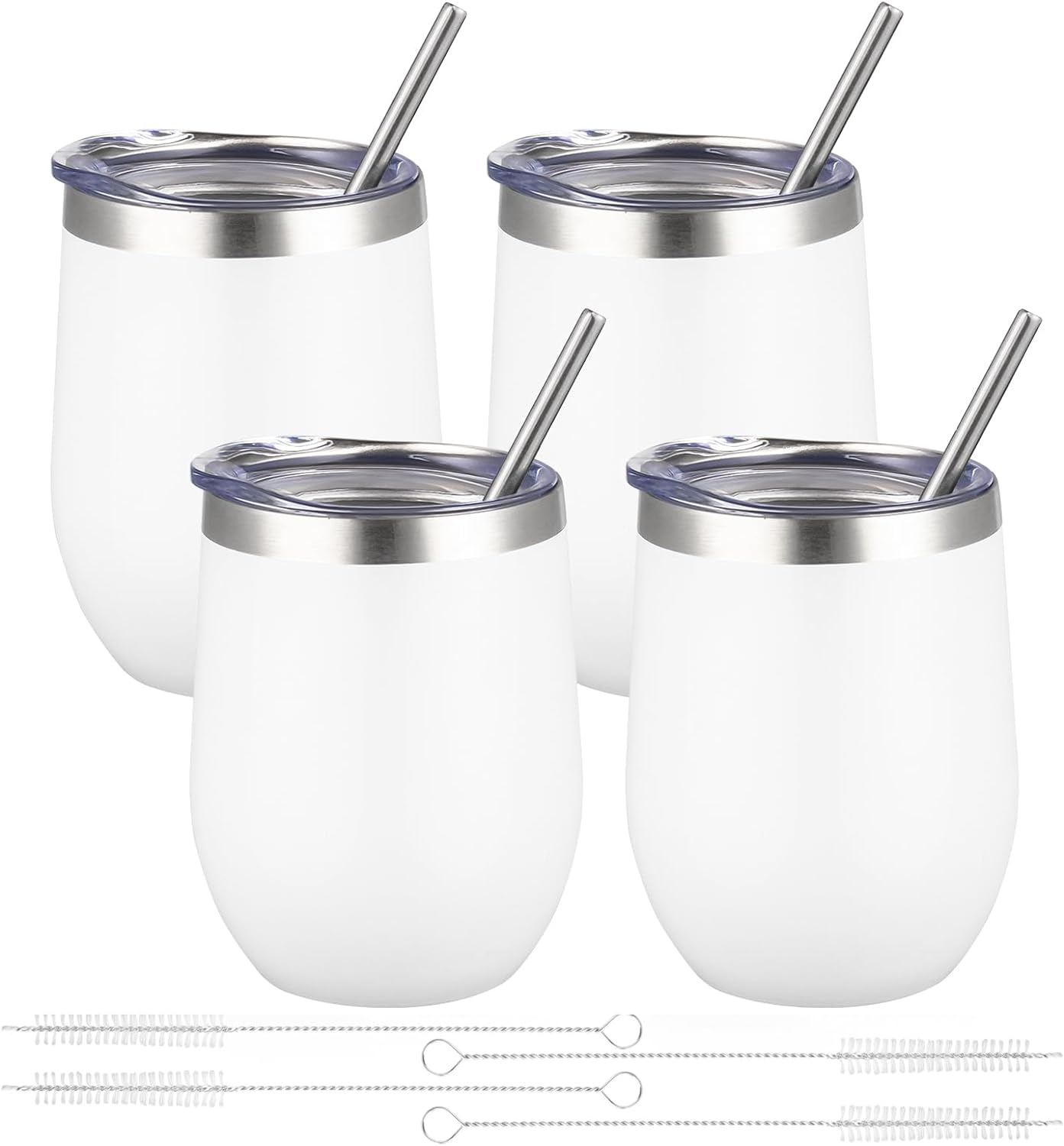 12oz/4 Pack Wine Tumbler Glasses with Lid Stemless Double Wall Vacuum Stainless Steel Travel Tumbler Keeping Cold & Hot for Wine,Coffee,Cocktails,Christmas Drinks-Family and Gifts(4 pack-White)