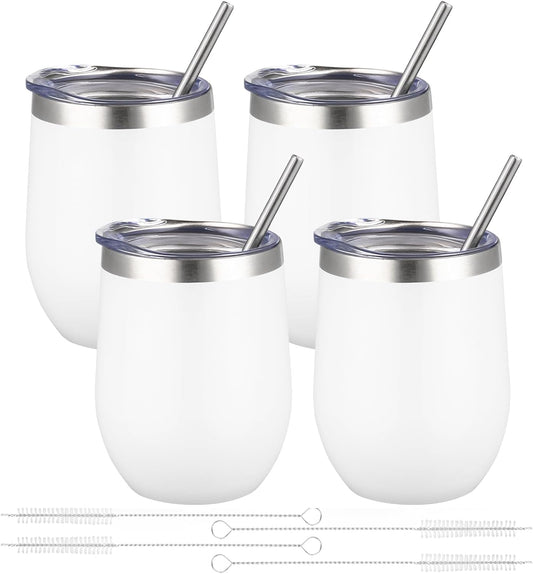 12oz/4 Pack Wine Tumbler Glasses with Lid Stemless Double Wall Vacuum Stainless Steel Travel Tumbler Keeping Cold & Hot for Wine,Coffee,Cocktails,Christmas Drinks-Family and Gifts(4 pack-White)