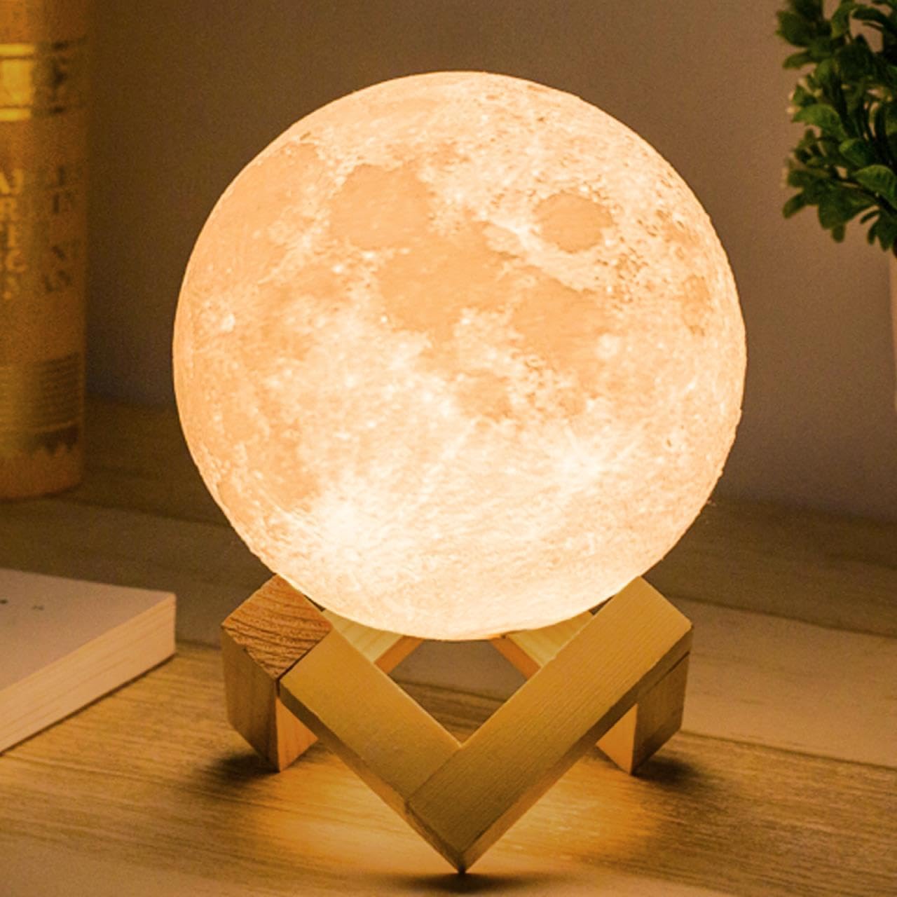 Mydethun 3D Moon Lamp with 4.7 Inch Wooden Base - Gift for Lover, Mothers Day LED Night Light, Mood Lighting with Touch Control Brightness for Home Décor, Bedroom, Birthday- White & Yellow
